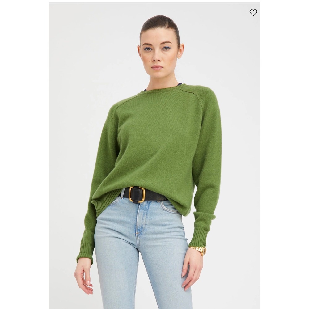 SPRWMN 100% Cashmere Boyfriend Sweater Green Crew Neck Raglan XS Quiet Luxury